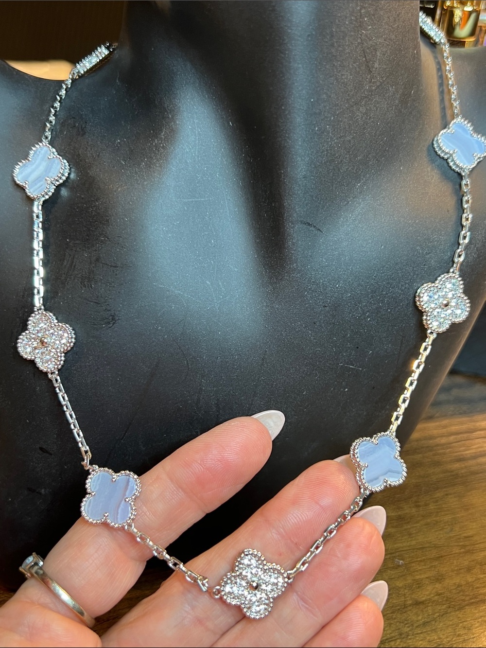 Silver Clover Necklace with Natural Lavender Colored Stone Fashion Inspired